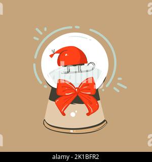 Hand gezeichnet Vektor abstrakt Spaß Frohe Weihnachten und Happy New Year Time Cartoon Illustration Grußkarte mit Weihnachten Schneeglas Globus und Schlitten mit Stock Vektor