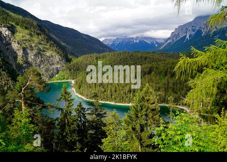 Malerischer smaragdgrüner Alpensee Blindsee, umgeben von üppigem grünen Wald am Fuße des Fernpasses, der Österreich mit Deutschland (Tirol, Österreich) verbindet Stockfoto