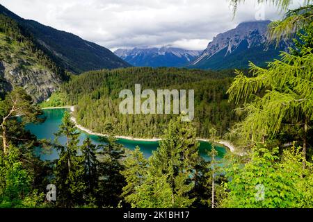 Malerischer smaragdgrüner Alpensee Blindsee, umgeben von üppigem grünen Wald am Fuße des Fernpasses, der Österreich mit Deutschland (Tirol, Österreich) verbindet Stockfoto