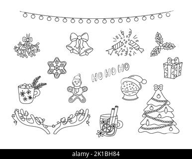 Vektor-Set mit Weihnachtskritzeln. Handgezeichnete schwarze Urlaubselemente isoliert auf weißem Hintergrund. Scribble umreißen Objekte Weihnachtsbaum, Girlande, Mistle Stock Vektor