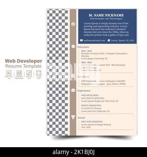 Web Developer Resume Template, CV-Design-Vorlage für Web-Designer Stock Vektor