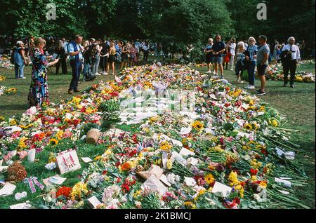 Geblümte Hommage an Königin Elizabeth II. Am 12.. September 2022 im Green Park, im Zentrum von London, Großbritannien Stockfoto