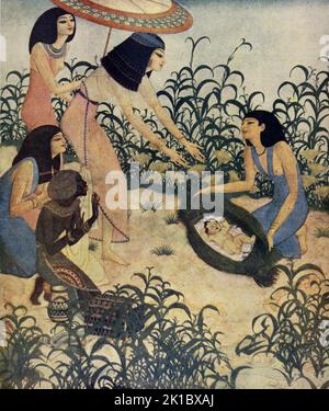 „Das Kindlein Moses wird in den Binsen von Pharaos Tochter gefunden“ am 19,1924. Oktober in der American Weekly Sunday Magazine, gemalt von Edmund Dulac. Stockfoto