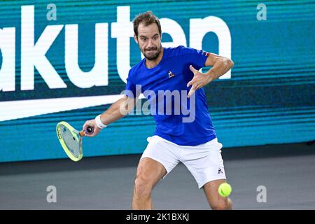 Hamburg, Deutschland. 17. September 2022. Der Franzose Richard Gasquet in Aktion während eines Spiels zwischen dem Franzosen Gasquet und dem Belgier Geerts, dem ersten Spiel zwischen dem belgischen Team und Frankreich, in der Gruppe C der Gruppenphase des Davis-Cup-Finales 2022, Samstag, 17. September 2022, in Hamburg, Deutschland. Belgien tritt vom 13. Bis 18. September gegen Australien, Deutschland und Frankreich in der Gruppe C. BELGA AN Foto LAURIE DIEFFEMBACQ Quelle: Belga News Agency/Alamy Live News Stockfoto