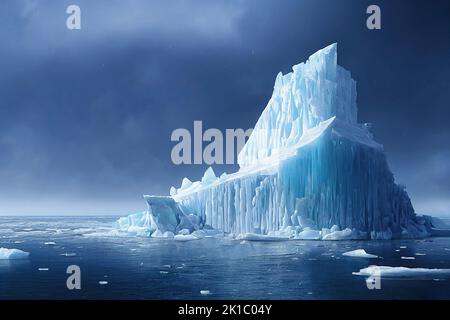 Die globale Erwärmung und der Klimawandel werden durch das Schmelzen des Eisbergs im Arktischen Ozean bei Sonnenaufgang veranschaulicht. 3D Illustration und digitale Malerei. Stockfoto