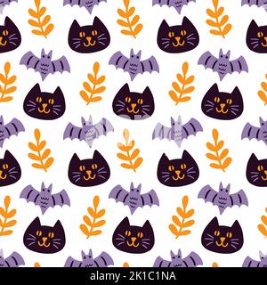 Halloween Schwarze Katzen, Fledermäuse Silhouetten, Vektor nahtlose Mustertextur Stock Vektor