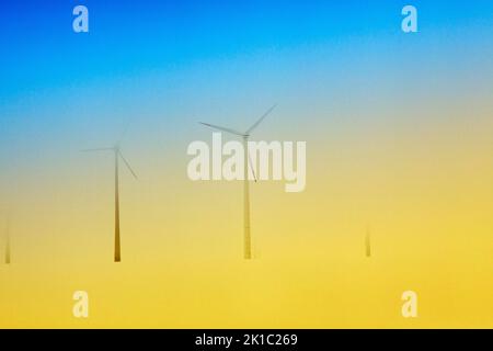 Windturbinen, Windkraftanlage im Schnee, Aufgang aus Nebel, Sonnenstrahlen, Hoexter, Deutschland Stockfoto