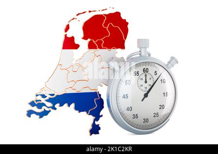 Die Niederlande-Karte mit Stoppuhr, 3D Rendering isoliert auf weißem Hintergrund Stockfoto