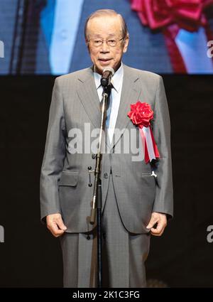 Tokio, Japan. 16. September 2022. Der ehemalige japanische Premierminister Yasuo Fukuda spricht bei einer Gala zum Gedenken an den 50.. Jahrestag der Normalisierung der diplomatischen Beziehungen zwischen China und Japan am 16. September 2022 in Tokio, Japan. Am Freitagabend fand in Tokio, Japan, eine Gala zum Gedenken an den 50.. Jahrestag der Normalisierung der diplomatischen Beziehungen zwischen China und Japan statt. Quelle: Ye Mao/Xinhua/Alamy Live News Stockfoto