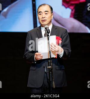 Tokio, Japan. 16. September 2022. Der chinesische Botschafter in Japan, Kong Xuanyou, spricht bei einer Gala zum Gedenken an den 50.. Jahrestag der Normalisierung der diplomatischen Beziehungen zwischen China und Japan in Tokio, Japan, am 16. September 2022. Am Freitagabend fand in Tokio, Japan, eine Gala zum Gedenken an den 50.. Jahrestag der Normalisierung der diplomatischen Beziehungen zwischen China und Japan statt. Kong Xuanyou nahm an der Gala Teil und hielt eine Rede, in der er seine Hoffnung für beide Seiten zum Ausdruck brachte, die bilateralen Beziehungen in die richtige Richtung des Friedens, der Freundschaft und der Zusammenarbeit zu treiben. Quelle: Ye Mao/Xinhua/Alamy Live News Stockfoto