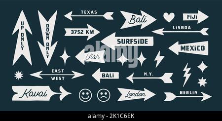 Pfeilsymbole. Kollektion Vintage Zeichen, Symbole und grafische Elemente, weiß auf schwarz. Flaches Pfeil-Set in dekorativer Optik. Handgezeichnete Grafiken, Zeichnungszeichen. Einfache Pfeile. Vektorgrafik Stock Vektor