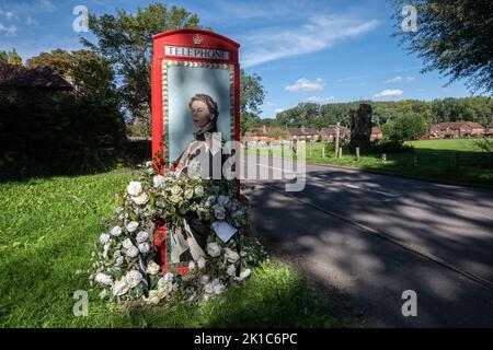 Rote Telefondose zu Ehren von Königin Elizabeth II. Nach ihrem Tod im September 2022 im Dorf Compton in Surrey, England, Großbritannien Stockfoto