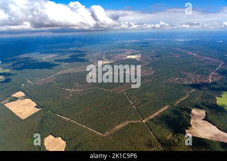 Luftaufnahme des ehemaligen Militärtrainingsgebietes Wittstock, Bombodrom, Wittstock-Ruppiner Heide, Brandenburg, Deutschland Stockfoto