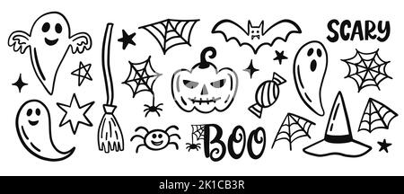 Halloween-Doodle-Elemente-Set. Lustige handgezeichnete Cartoon-Skizzen Stock Vektor