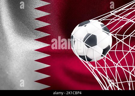 FIFA-Weltmeisterschaft 2022, Katar Nationalflagge mit einem Fußball im Netz, Katar 2022 Wallpaper, 3D Arbeit und 3D Bild. Jerewan, Armenien - 2022. September 16 Stockfoto