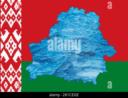 Skizzieren Sie die Landkarte von Belarus mit dem Bild der Nationalflagge. Eis in der Karte. Vektorgrafik. Energiekrise. Stockfoto