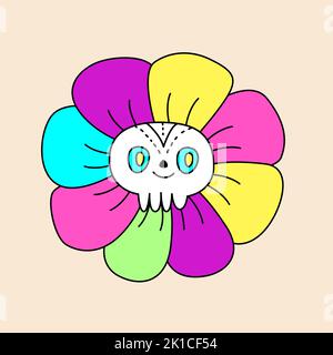 Bunte Retro-Gänseblümchen-Blume mit einem Totenkopf. Groovige Hippie Halloween Illustration. Vorlage für Aufkleber, Poster und T-Shirt Stock Vektor