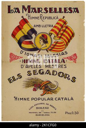 Partitura Musical del himno catalán Els Segadors, y el himno republicano francés La Marsellesia. Años 1931. Stockfoto