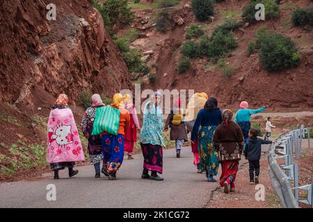 Gruppe von Berberfrauen, die auf einer asphaltierten Straße arbeiten, Ait Blal, Provinz azilal, Atlasgebirge, marokko, afrika. Stockfoto