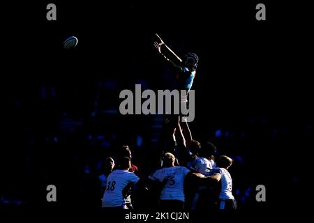 Harlekine gewinnen beim Spiel der Gallagher Premiership in Twickenham Stoop, London, eine Linienvorfahrt. Bilddatum: Samstag, 17. September 2022. Stockfoto