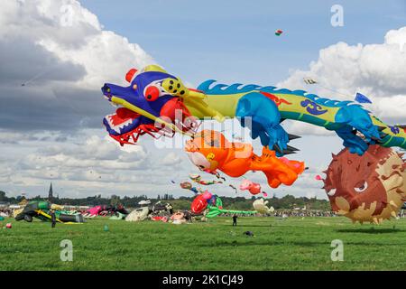 Festival der Riesendrachen auf dem Tempelhofer Feld in Berlin, 17.09.2022, Mehr als 80 Drachenflieger aus ganz Europa liessen Ihre bis zu 50m langen R Stockfoto