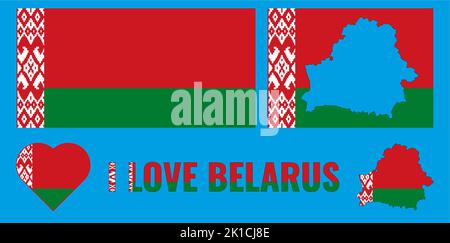 Set von Vektor-Illustrationen mit Weißrussland Flagge, Land Umriss Karte und Herz. Reisekonzept. Stockfoto