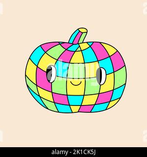 Kürbis Disco Ball. Hippie halloween Retro-Stil Illustration für 31. Oktober Stock Vektor