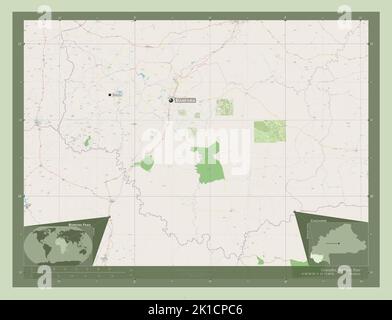 Kaskaden, Region von Burkina Faso. Öffnen Sie Die Straßenkarte. Orte und Namen der wichtigsten Städte der Region. Karten für zusätzliche Eckposition Stockfoto
