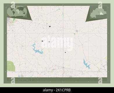 Centre-Est, Region Burkina Faso. Öffnen Sie Die Straßenkarte. Standorte der wichtigsten Städte der Region. Karten für zusätzliche Eckposition Stockfoto