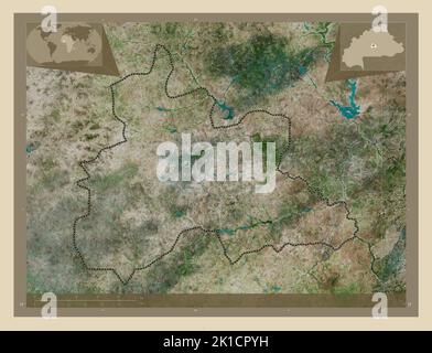 Zentrum, Region Burkina Faso. Hochauflösende Satellitenkarte. Standorte der wichtigsten Städte der Region. Karten für zusätzliche Eckposition Stockfoto