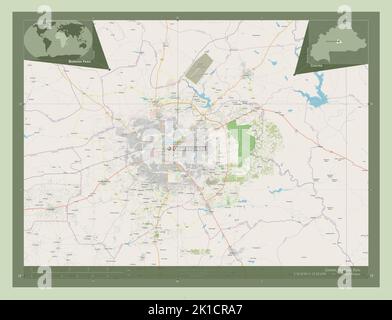 Zentrum, Region Burkina Faso. Öffnen Sie Die Straßenkarte. Orte und Namen der wichtigsten Städte der Region. Karten für zusätzliche Eckposition Stockfoto