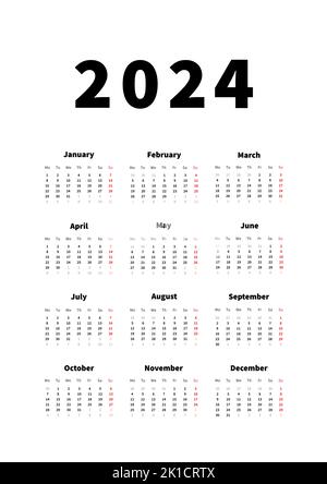 2024 Jahre einfacher vertikaler Kalender in englischer Sprache, typografischer Kalender auf weiß Stock Vektor