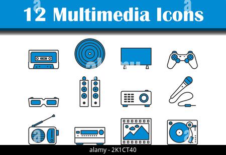 Multimedia-Symbol Eingestellt. Editierbare Fett Formatigte Kontur Mit Farbfüllungsdesign. Vektorgrafik. Stock Vektor