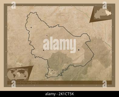 Est, Region von Burkina Faso. Satellitenkarte mit niedriger Auflösung. Standorte der wichtigsten Städte der Region. Karten für zusätzliche Eckposition Stockfoto