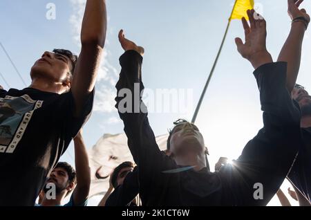 Srinagar, Indien. 17. September 2022. Schiitische Muslime schlugen ihre Brust während einer Arbaeen-Prozession in Srinagar. Arbaeen (arabisch für 'vierzigst') markiert das Ende der 40-tägigen Trauerperiode nach Ashura, die an die Tötung des Enkels des Propheten Mohamed Imam Hussein ibn Ali durch die Truppen des Ummayad-Kalifen Yazid im Jahr 680 n. Chr. erinnert. Kredit: SOPA Images Limited/Alamy Live Nachrichten Stockfoto