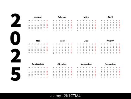 2025 Jahre einfacher horizontaler Kalender in deutschland, typographischer Kalender isoliert auf weiß Stock Vektor