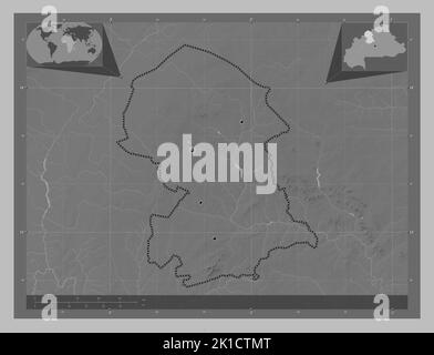 Nord, Region Burkina Faso. Höhenkarte in Graustufen mit Seen und Flüssen. Standorte der wichtigsten Städte der Region. Karten für zusätzliche Eckposition Stockfoto