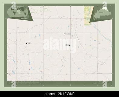 Sahel, Region Burkina Faso. Öffnen Sie Die Straßenkarte. Orte und Namen der wichtigsten Städte der Region. Karten für zusätzliche Eckposition Stockfoto