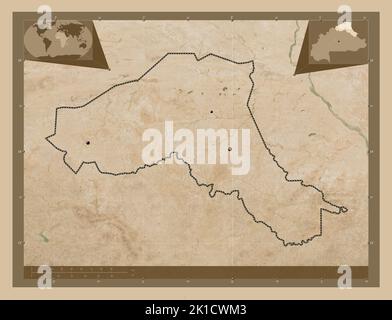 Sahel, Region Burkina Faso. Satellitenkarte mit niedriger Auflösung. Standorte der wichtigsten Städte der Region. Karten für zusätzliche Eckposition Stockfoto