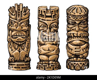 Tiki Tribal Holzmaske Set. Hawaiianische traditionelle Elemente isoliert auf weißem Hintergrund. Farbige Vektordarstellung Stock Vektor