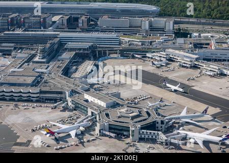 06. Mai 2022, Hessen, Frankfurt/Main: Verschiedene Flugzeuge stehen vor den Toren des Frankfurter Flughafens. Foto: Jan Woitas/dpa Stockfoto
