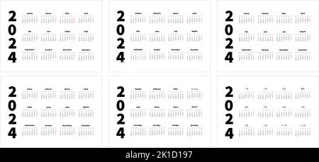 Satz von 2024-Jahres-einfachen horizontalen A4-Kalender in englisch, spanisch, russisch, französisch, chinesisch und deutsch, typografische Kalender isoliert Stock Vektor