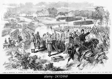 Schlacht von Dranesville, Virginia, 20.. Dezember 1861, zwischen den nationalen Streitkräften, die von den Generälen George Archibald McCall und Edward O. C. Ord kommandiert wurden, und einer überlegenen Rebellentruppe unter der Führung von General J. E. B. Stuart - Rout of the Rebels mit schwerem Verlust. Illustration des amerikanischen Bürgerkriegs des 19.. Jahrhunderts aus Frank Leslie's Illustrated Newspaper Stockfoto