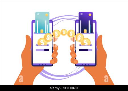 Illustration eines modernen Smartphones mit Verarbeitung von mobilen Zahlungen von Kreditkarte auf dem Bildschirm. Konzept der Nahfeldkommunikationstechnik. Stock Vektor