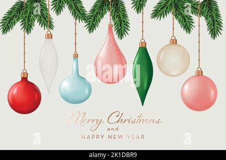 Weihnachtliche Komposition aus Tannenzweigen und weihnachtlichen Glaskugeln. Vektorgrafik im 3D realistischen Stil Stock Vektor