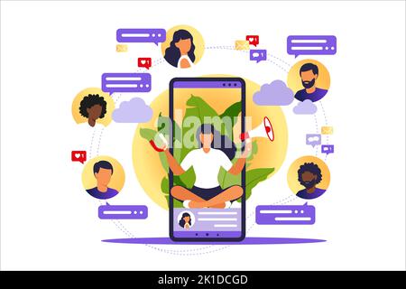 Beeinflussung des Werbemarketings. Blogger Promotion-Dienstleistungen und Waren für seine Anhänger online. Beeinflussen Sie Blogger, digitale smm, Web-Marketing online. Stock Vektor