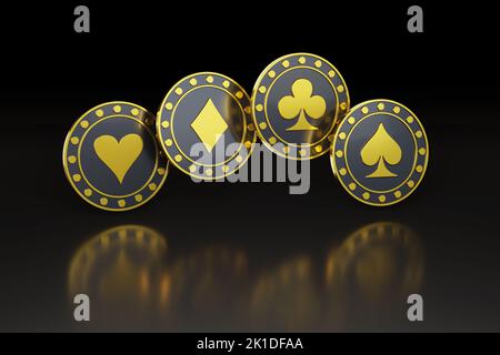 Golden Poker Chips auf dunklem Hintergrund. 3D Abbildung. Stockfoto