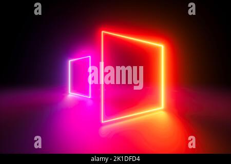 3D Rendering, gelb-rosa Quadrate, Neonlicht, leere Rahmen, abstrakter ultravioletter Hintergrund, Leuchtende Linien, Portal, leuchtende Farben, leerer virtueller Gewinn Stockfoto