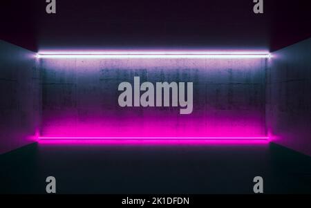 Abstrakte dunklen Beton innen Hintergrund mit bunten horizontale Neonlichtern, 3D-Rendering illustration Stockfoto