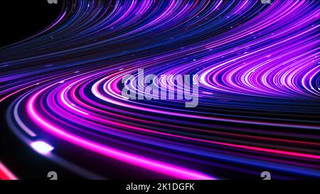 3D abstrakte Neon-Hintergrund-Raum- und Zeitstränge, Highway-Nachtlichter. Ultraviolette Strahlen, leuchtende Linien, virtuelle Realität, Lichtgeschwindigkeit. Stockfoto